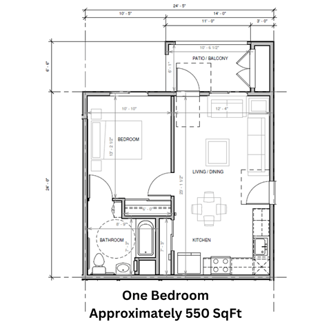 a floor plan of a one bedroom apartment with balcony